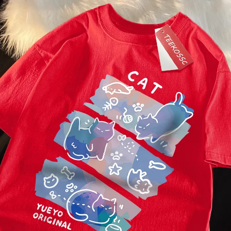 Color: GRAY, Size: XL - Fun Mischievous Cat Print Japanese Style T-Shirts Men Women Fashion Tshirs Breathable Summer T-Shirts Cotton Loose Tee Clothes