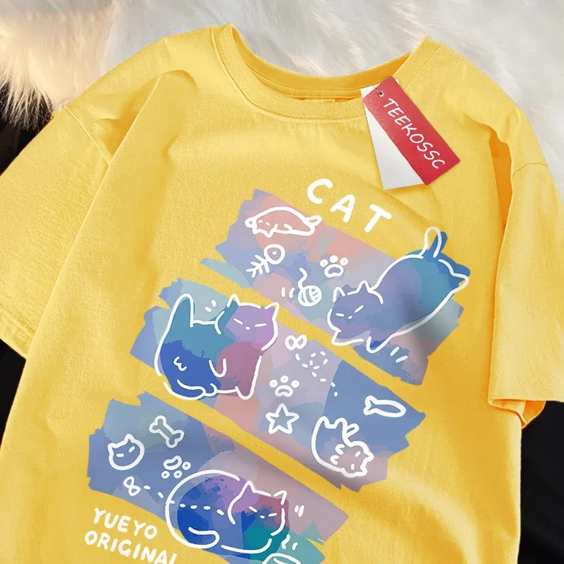 Color: GRAY, Size: XL - Fun Mischievous Cat Print Japanese Style T-Shirts Men Women Fashion Tshirs Breathable Summer T-Shirts Cotton Loose Tee Clothes