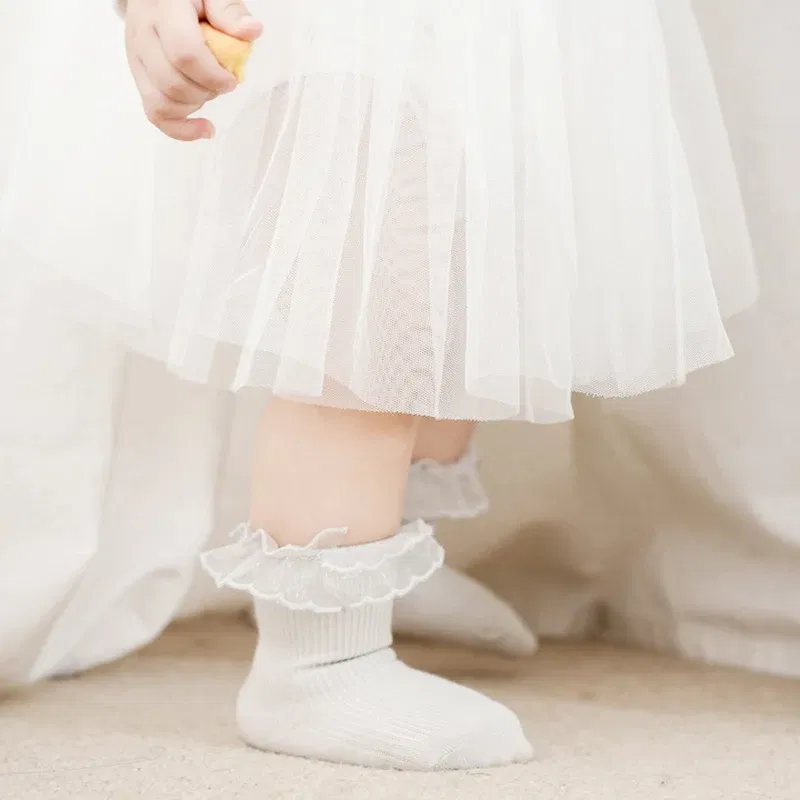 Color: Beige, Kid Size: 6M - VISgogo Baby Girls Socks Lace Ruffles Sweet Anti-Skid Princess Socks Toddler Spring Fall Cute Kids Socks