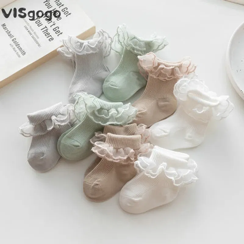 Color: Beige, Kid Size: 6M - VISgogo Baby Girls Socks Lace Ruffles Sweet Anti-Skid Princess Socks Toddler Spring Fall Cute Kids Socks