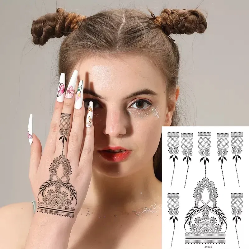 Color: BROWN, Ships From: CHINA - Black Henna Temporary Tattoos for Women Lace Flower Mehndi Sticker for Hand Fake Henna Tattoo Sticker Body Art Hena Tatoo