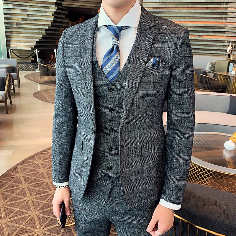 Color: Burgundy, Size: L - Gray Men Classic Striped/Checked Suits, Business Office 3 Piece, Asian Size Slim Fit Men Dress Jacket & Pants with Vest, S-4XL