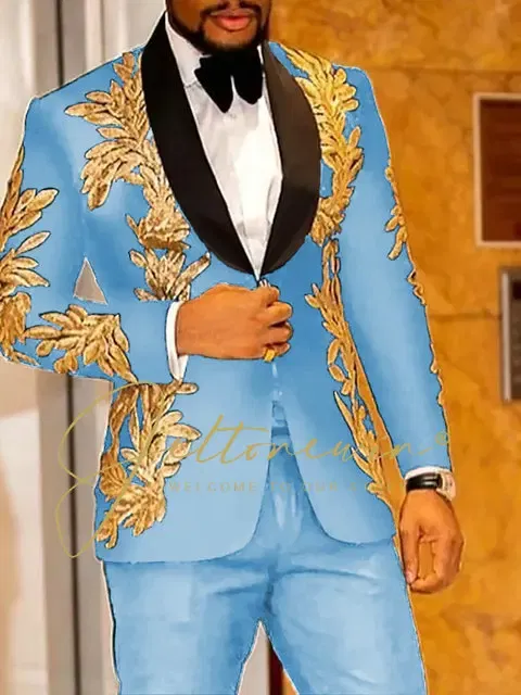 Color: SKY BLUE, Size: M - Luxury Groom Wedding Tuxedos Gold Sequins Appliques Black Men Suits Slim Fit Costume Homme Marriage Prom Suits