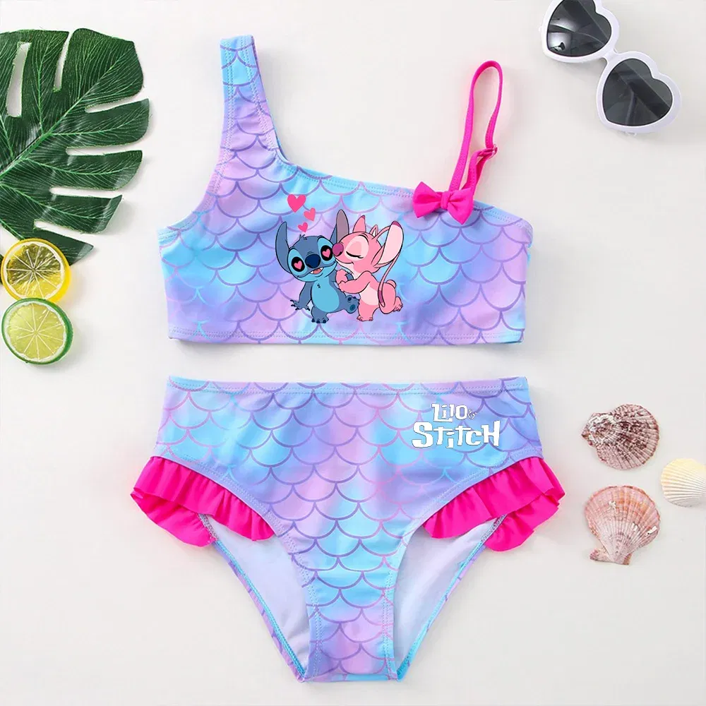 Color: ORANGE RED, Size: L - Lilo Stitch Girls Tankini Swimsuits Summer Beach wear Children Kids Wear Bathing Suits Two-pieces Bikini Dresses Fashion