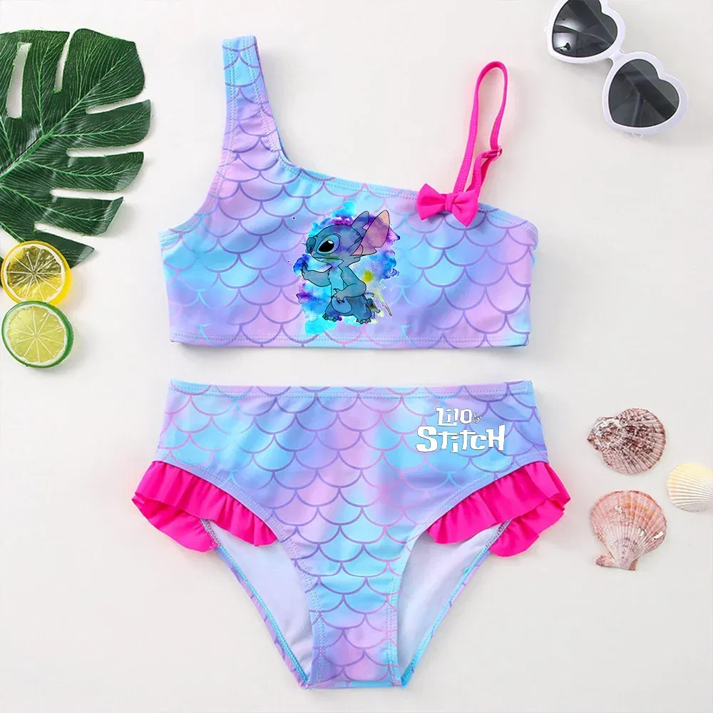 Color: Chocolate, Size: S - Lilo Stitch Girls Swimsuit One-Piece Bathing Suits Kids Wear Fashion Mermaid Fish Children's Dresses Summer Swimwear Beach Suit