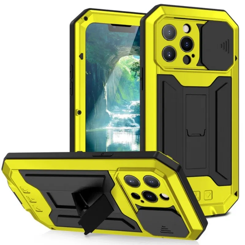 Color: Red, Material: Microfiber - Heavy Duty Metal Aluminum Case For iPhone 14 13 15 Pro Max Military Grade Shockproof Bumpers Armor Kickstand Camera Slider Cases
