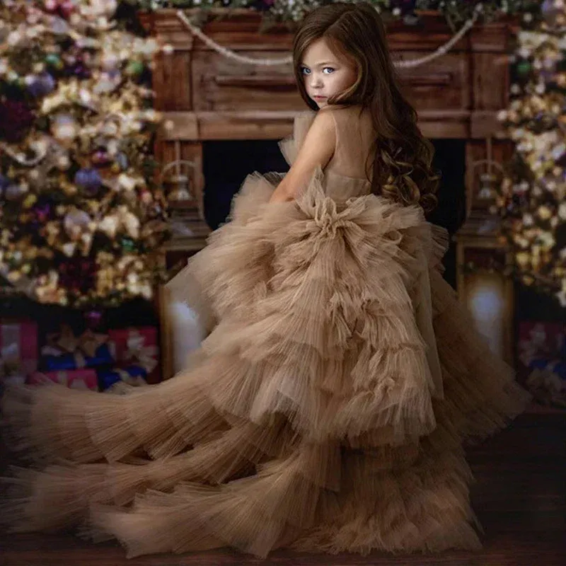 Kid Size: 13, Color: Coffee - Baby Girls Princess Dress Sleeveless High Waist Children Mesh Tutu Dresses Girls Birthday Party Clothing Kids Wedding Dress New