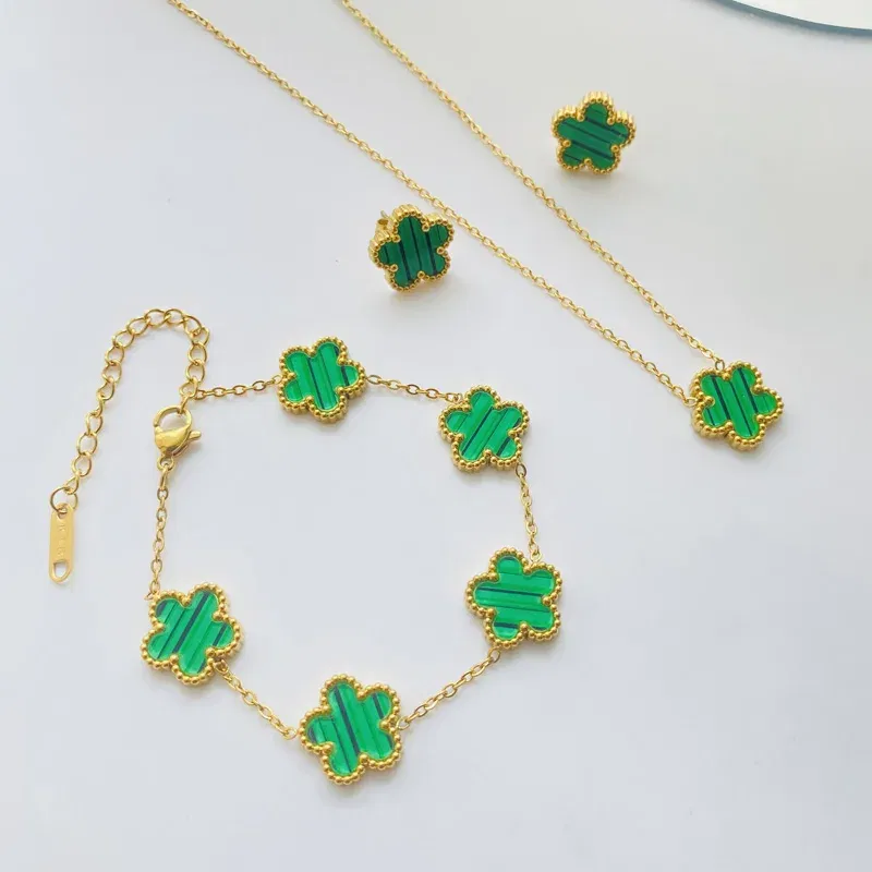 Metal color: Light Yellow Gold Color - 3pcs/set Stainless Steel Flower Jewelry Set Gifts Luxury Modern Fashion Charm Necklace Earrings Bracelet Set Jewelry for Women