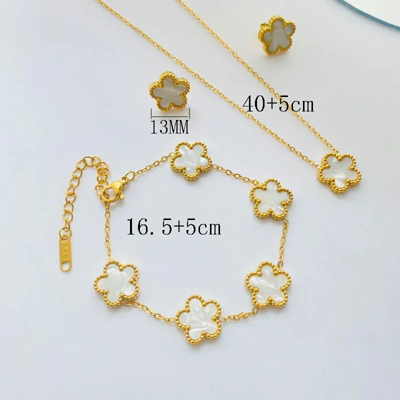 Metal color: Light Yellow Gold Color - 3pcs/set Stainless Steel Flower Jewelry Set Gifts Luxury Modern Fashion Charm Necklace Earrings Bracelet Set Jewelry for Women