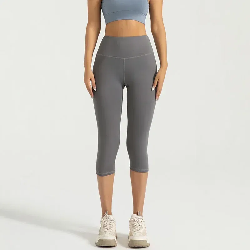 Color: Navy Blue, Size: L - Women's Yoga Pants High Waist Capri Pants 3/4 Leggings Exercise Seamless Abdomen Running Fitness Tights Gym