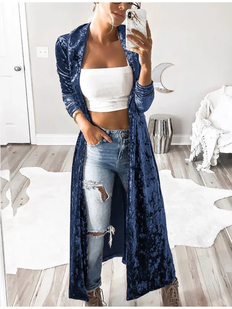 Color: Red, Size: S - 2024 Long Velvet Kimono Cardigan Windbreaker Women Jacket Pure Color Fashion Long Sleeve Casual Ladies Long Jacket Trench Coat