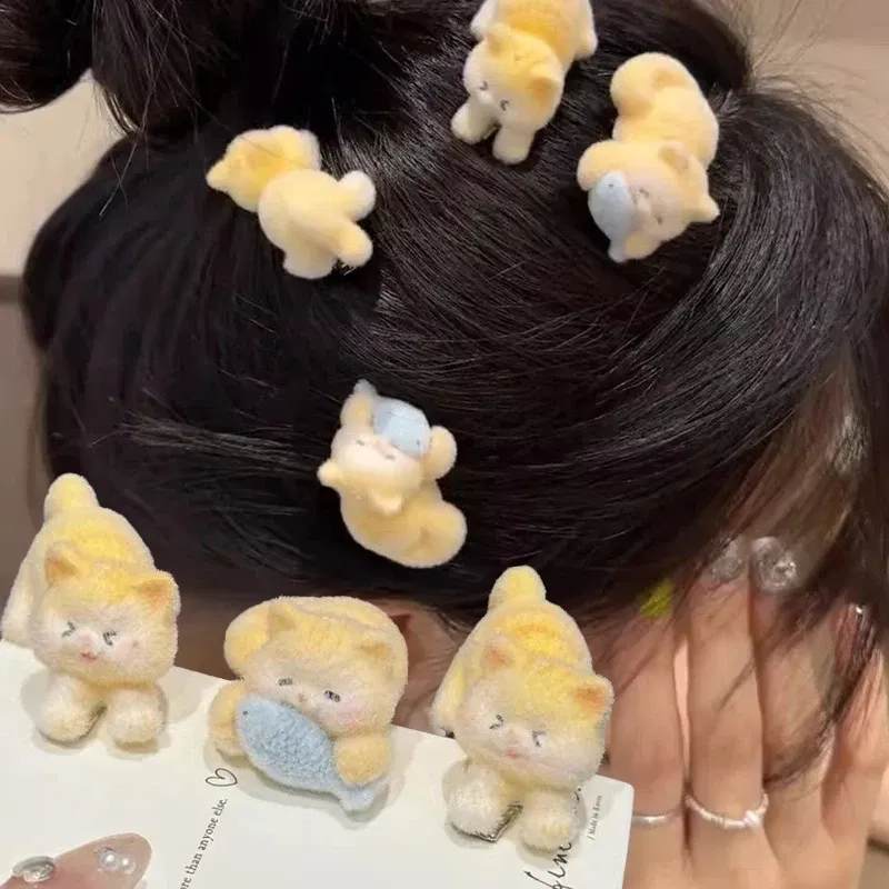 Color: SKY BLUE - 1/2pcs New Cat Flocking Hair Clip Plush Cute Cat Fish Hairpin Sweet Kawaii Hair Clips for Girls Kids Headwears Deraction Gifts