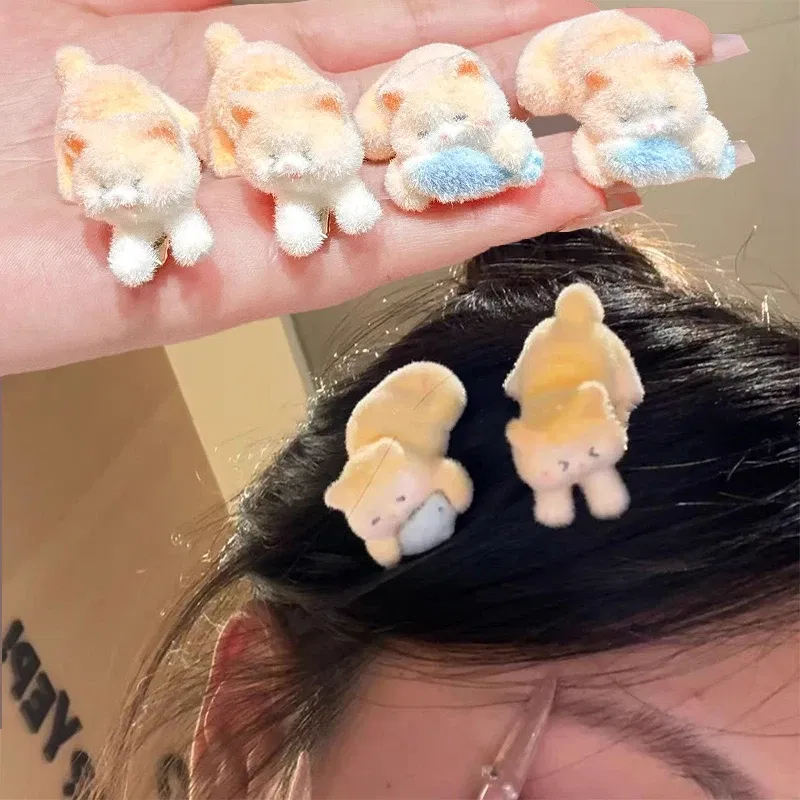 Color: SKY BLUE - 1/2pcs New Cat Flocking Hair Clip Plush Cute Cat Fish Hairpin Sweet Kawaii Hair Clips for Girls Kids Headwears Deraction Gifts
