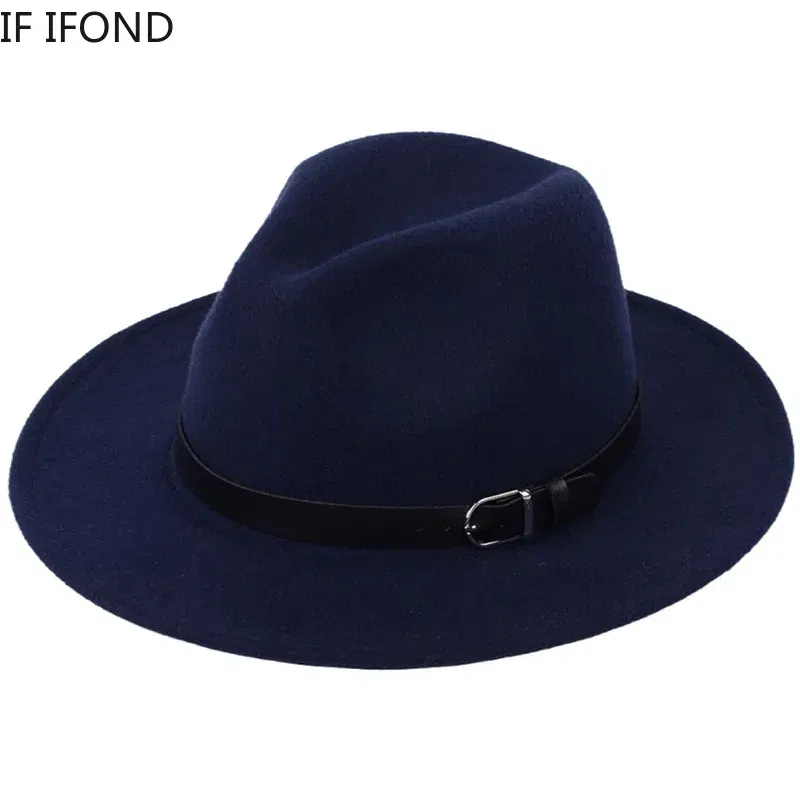 Color: Blue, Size: M - Classic British Fedora Hat Men Women Imitation Woolen Winter Felt Hats Fashion Jazz Hat Chapeau Wholesale