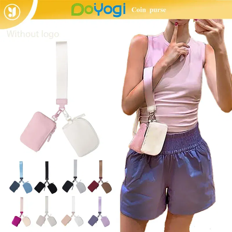 Color: Beige - Mini Dual Coin Pouch Solid Color Wristlet Keychain Wallet Change Pocket Handbag lulu Coin Purse Women Portable Key Card Holder