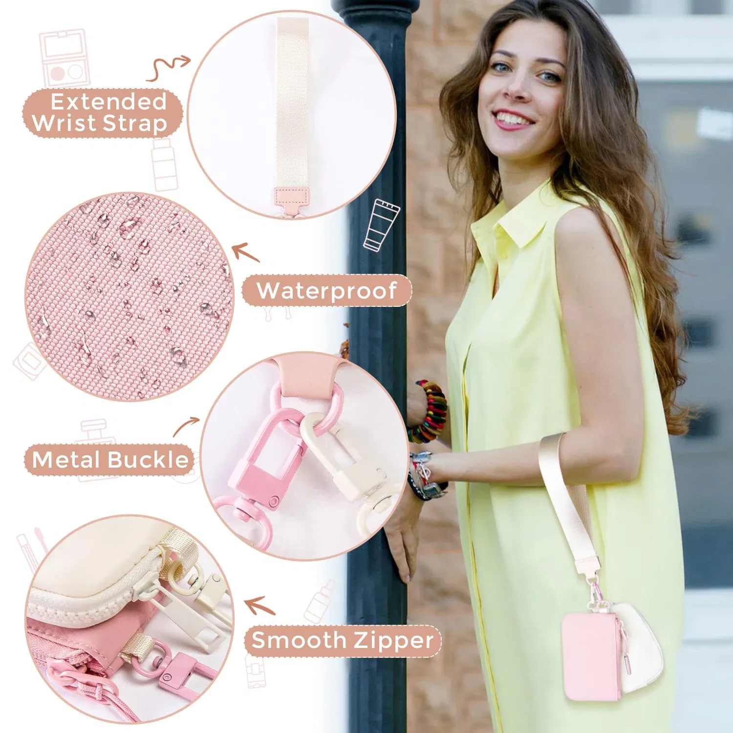 Color: Beige - Mini Dual Coin Pouch Solid Color Wristlet Keychain Wallet Change Pocket Handbag lulu Coin Purse Women Portable Key Card Holder