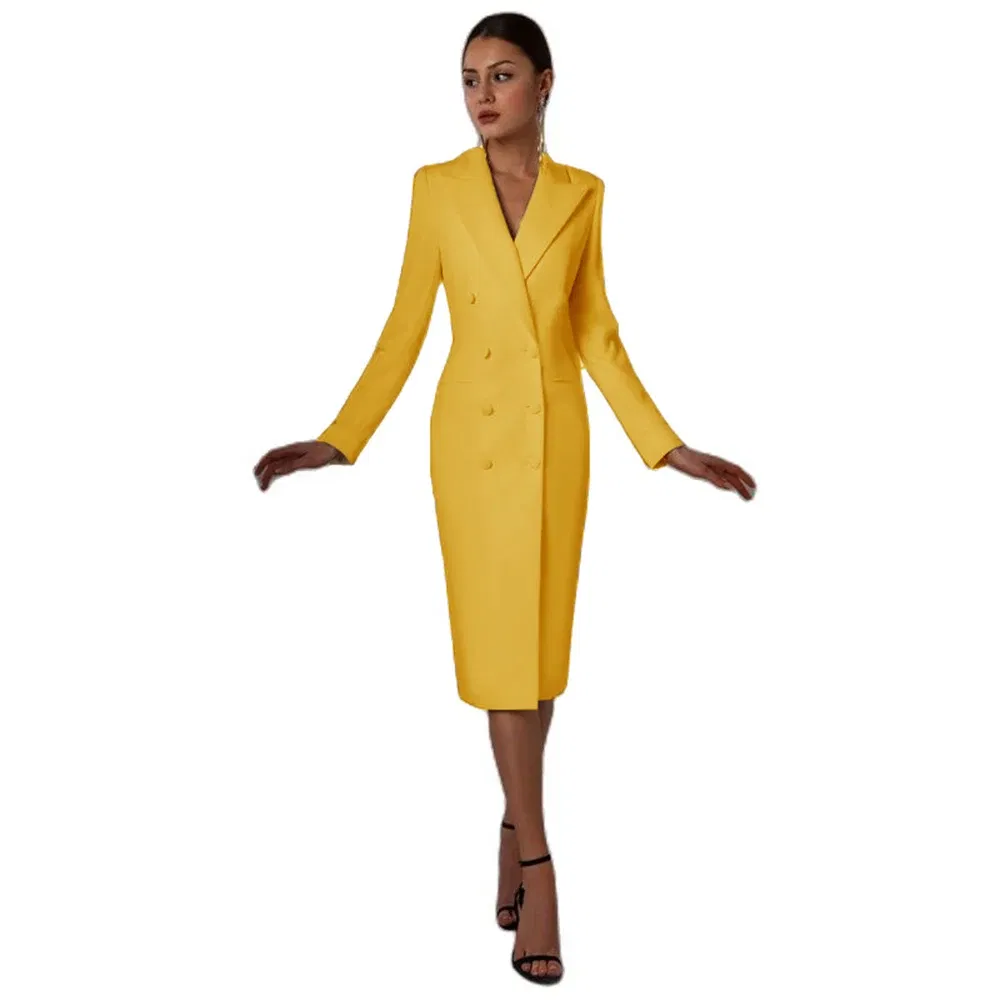 Color: Yellow, Size: XL - Women's Suit Long Blazer Double Breasted Jacket White Tuxedo Party Point Lapel Clothes спор?‚ивн?‹й кос?‚юм ?¶?µнск