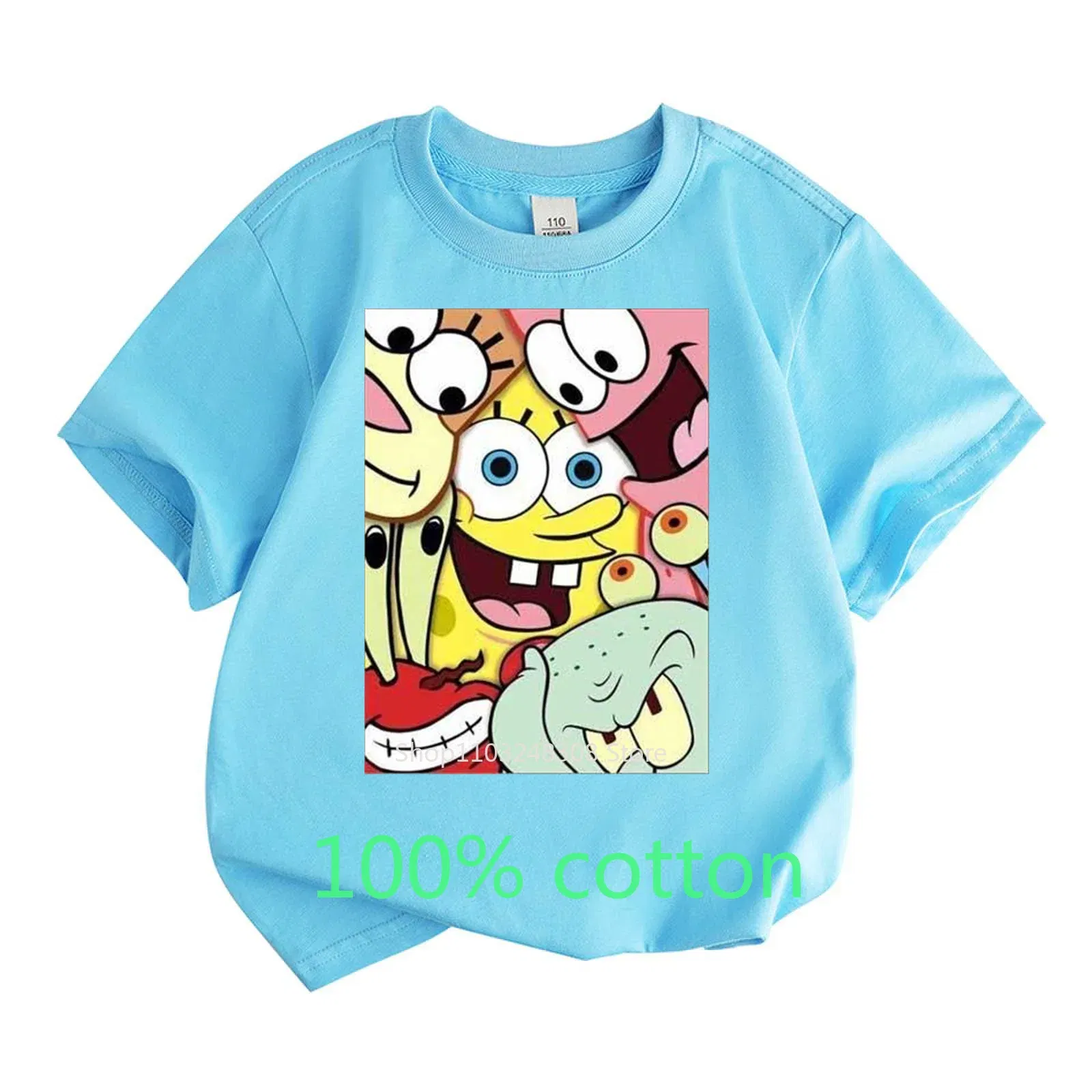 Color: Dark Grey, Kid Size: 7T - Mr. Krabs Squidward Sandy Spongebob T-shirt 100%Cotton Children Round Neck Short-sleeved Boys Girls Fashion Kids Clothes