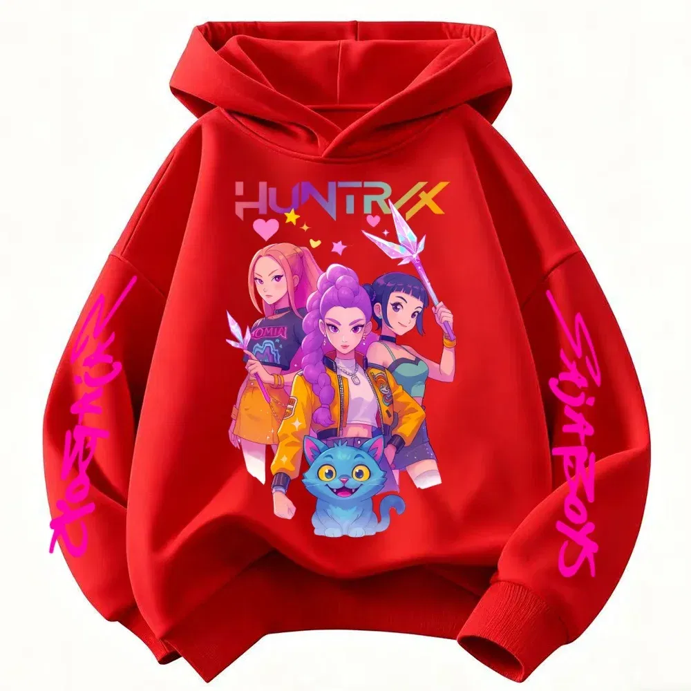 Color: Red, Kid Size: 7 - Movie KPop Demon Hunters Rumi Mira Zoey Graphic Hoodie Men's Women Korean Fashion Trend Streetwear Unisex Casual Fleece Pullover