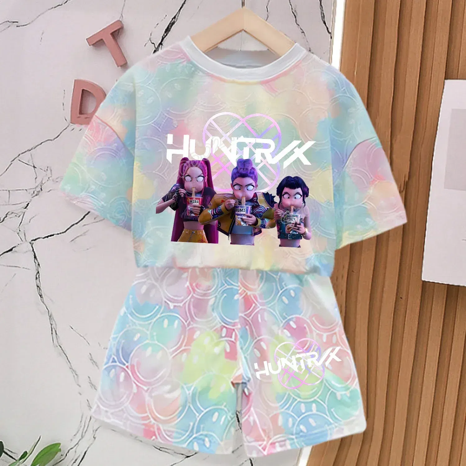 Color: Clear, Size: M - KPop Demon Hunters New T-shirt Pants Set Girls Summer Clothing Kawaii Smile Face Short Sleeve Outfits Kids Tee Top Pajamas Gift