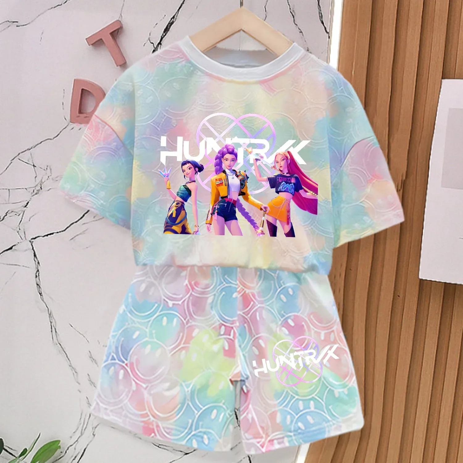 Color: Clear, Size: M - KPop Demon Hunters New T-shirt Pants Set Girls Summer Clothing Kawaii Smile Face Short Sleeve Outfits Kids Tee Top Pajamas Gift