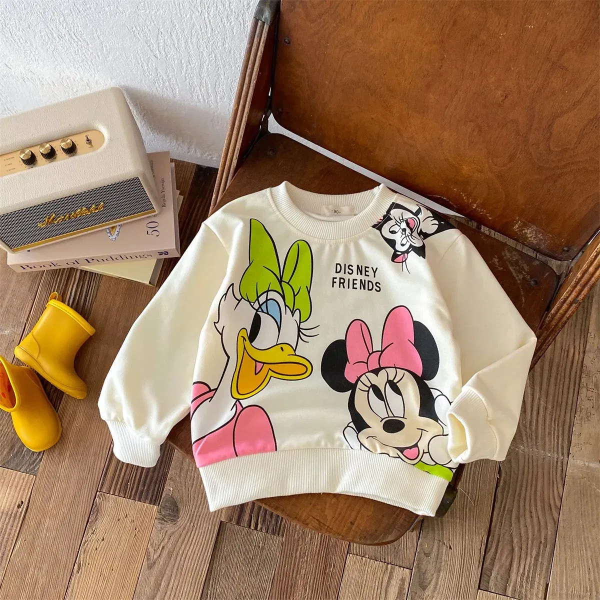 Color: black, Kid Size: 24M - Fashion Cartoon Printed Children Hoodies Crewneck Baby Boys Girls Long Sleeve Tops Loose Disney Kids Clothing Autumn Sweatshirts