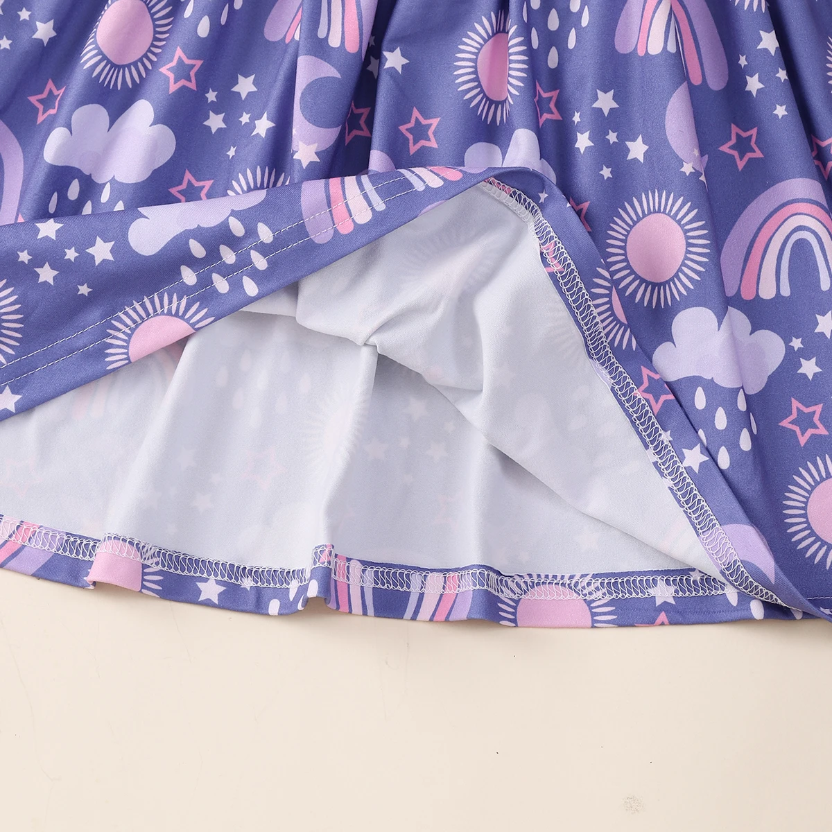 Color: PURPLE, Kid Size: 104 - Girls Cute Cartoon Rainbow Graphic Flutter Trim Sleeveless Dress For Summer Party Gift