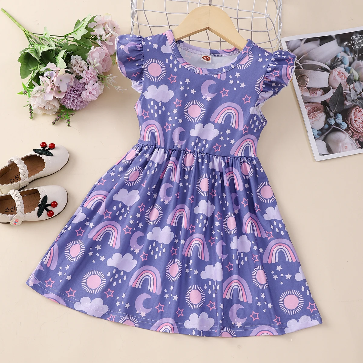 Color: PURPLE, Kid Size: 104 - Girls Cute Cartoon Rainbow Graphic Flutter Trim Sleeveless Dress For Summer Party Gift