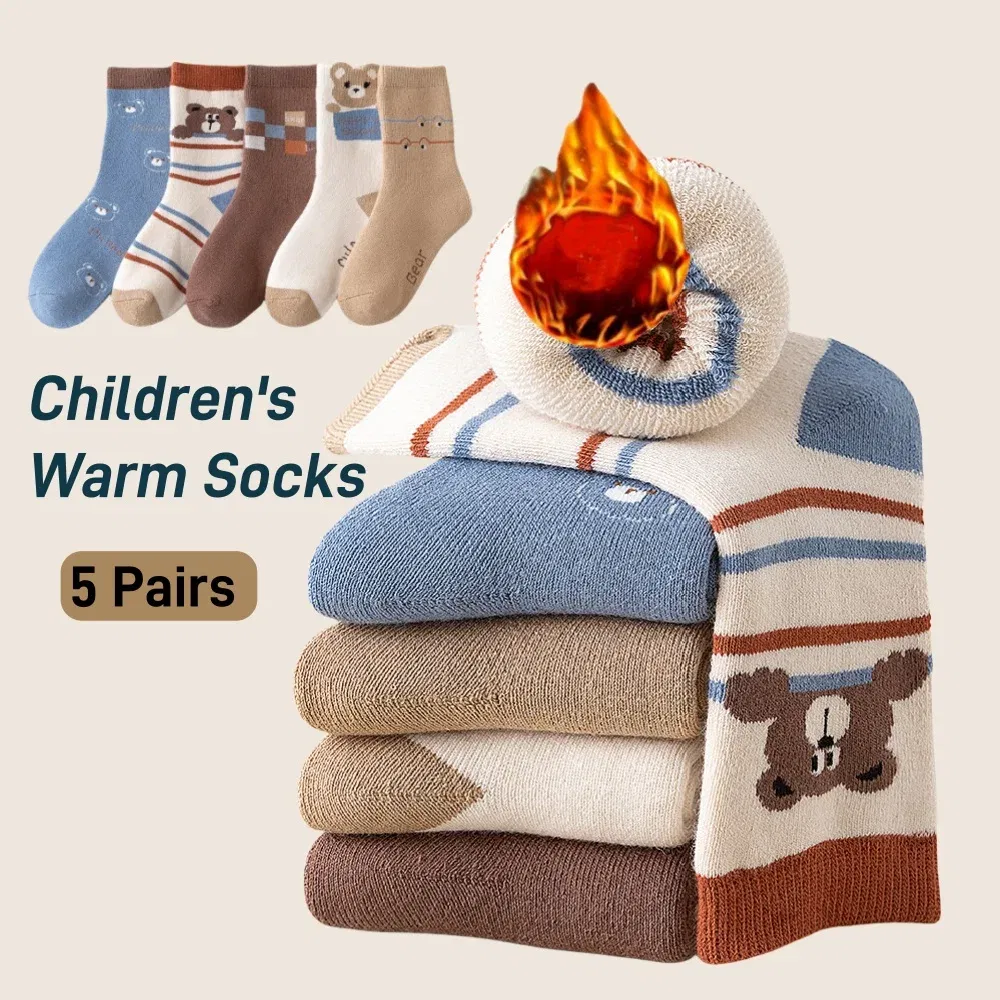 Color: Gold, Size: 7-9T - 1-14T Children Winter Warm Socks Kids Boys Thicken Cotton Socks Thermal Winter Socks Baby Cartoon Bear Pattern Terry Sock