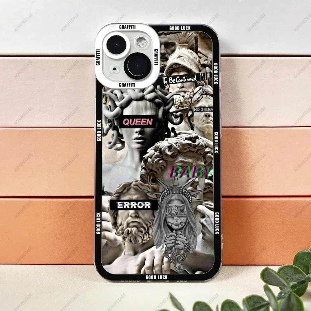 Color: Gold, Material: Vinyl - Aesthetic Statue Art Phone Case For iPhone 16 15 14 13 12 11 Pro Max XS X XR Plus Mini Luxury Transparent Soft Funda