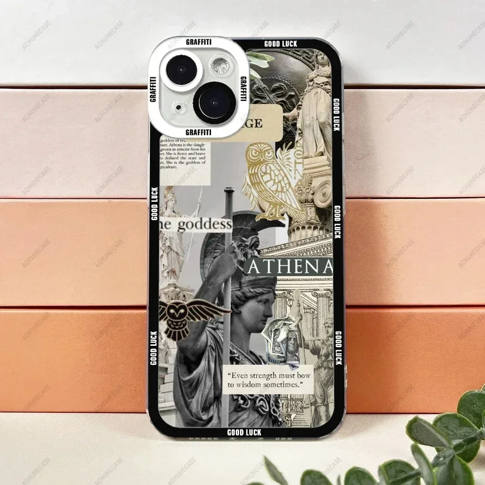 Color: Gold, Material: Vinyl - Aesthetic Statue Art Phone Case For iPhone 16 15 14 13 12 11 Pro Max XS X XR Plus Mini Luxury Transparent Soft Funda
