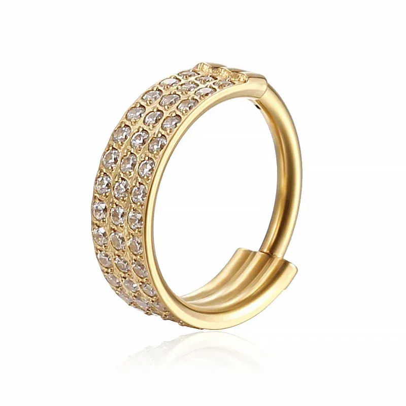 Metal color: Light Yellow Color, Main Stone Color: black - G23 Titanium Piercing Hinged Segment Hoops CZ Stone Nose Rings Ear Cartilage Tragus Helix Earrings Piercing Body Jewelry