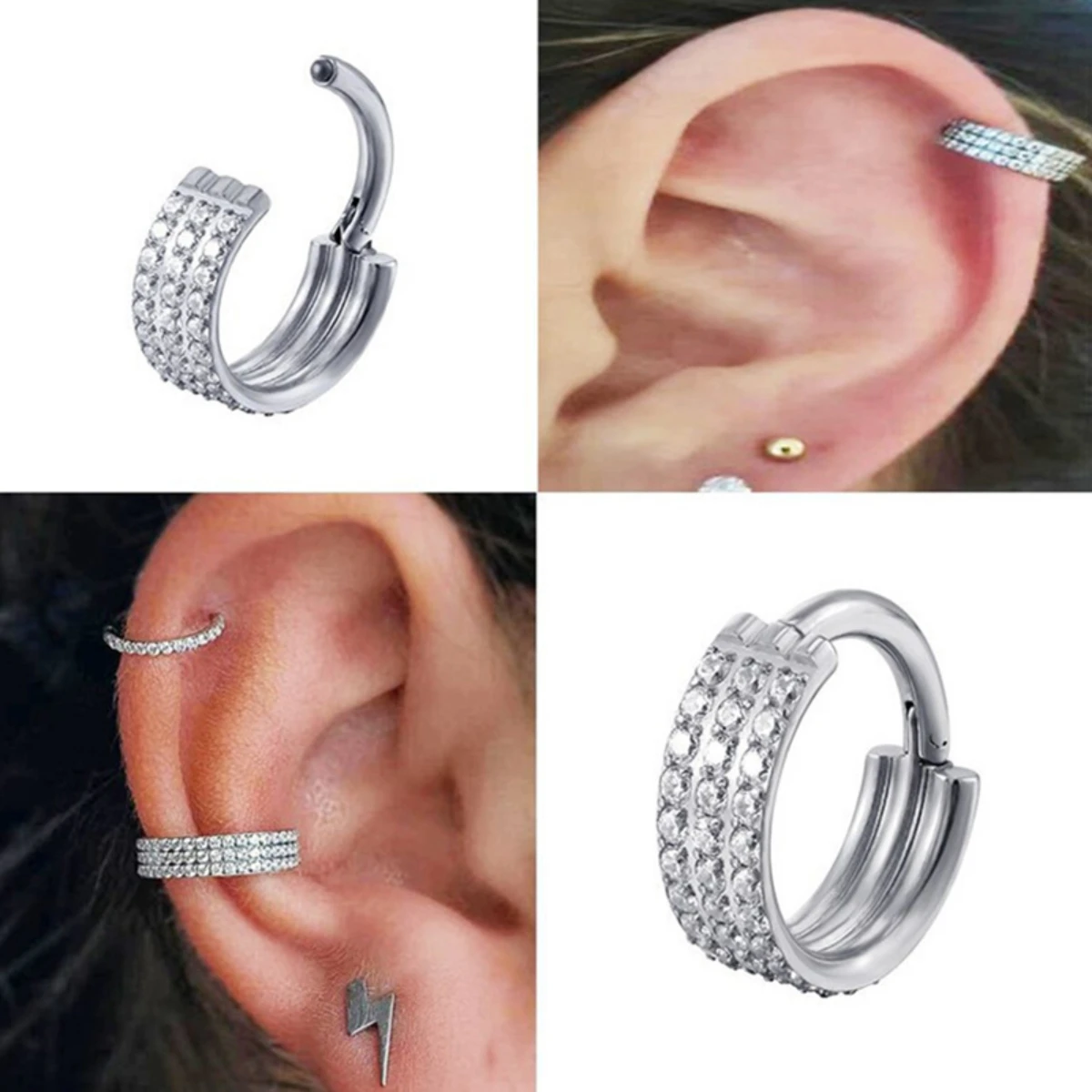 Metal color: Light Yellow Color, Main Stone Color: black - G23 Titanium Piercing Hinged Segment Hoops CZ Stone Nose Rings Ear Cartilage Tragus Helix Earrings Piercing Body Jewelry