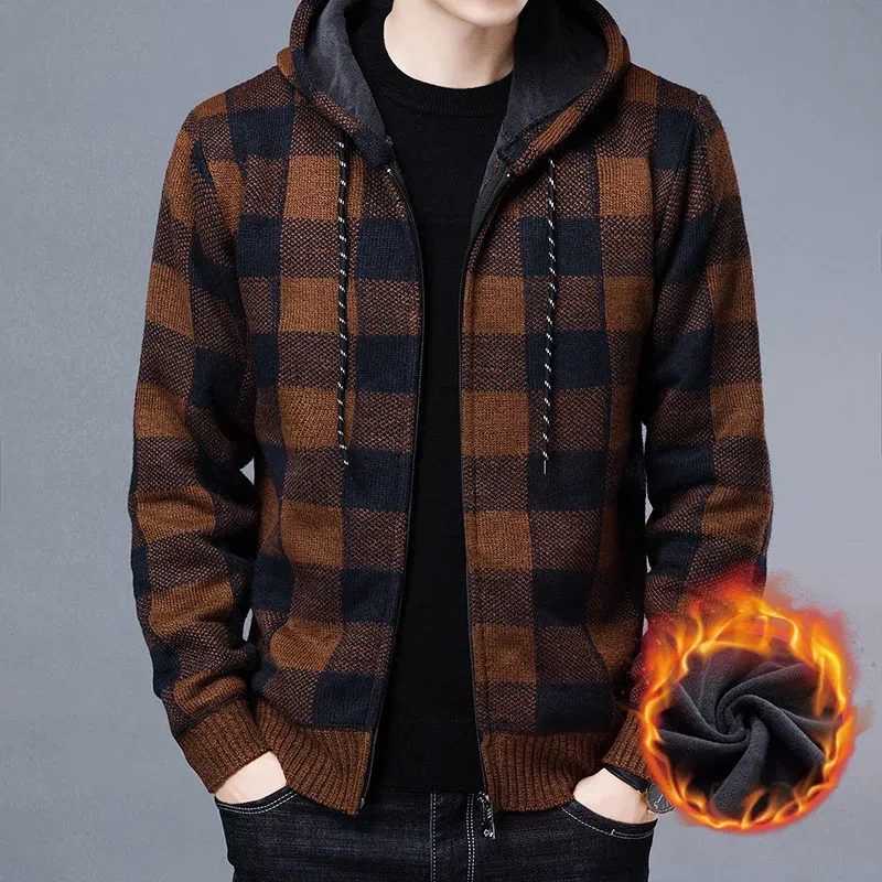 Color: Red, Size: XL - Winter 2023 New Men's Fleece Thickened Cardigan Knit Sweater / Male Loose Warm Hooded Add Wool Jacket Coat