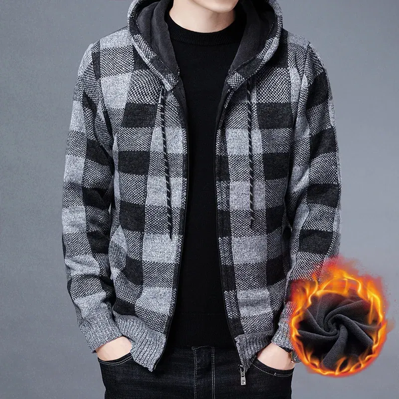 Color: Red, Size: XL - Winter 2023 New Men's Fleece Thickened Cardigan Knit Sweater / Male Loose Warm Hooded Add Wool Jacket Coat