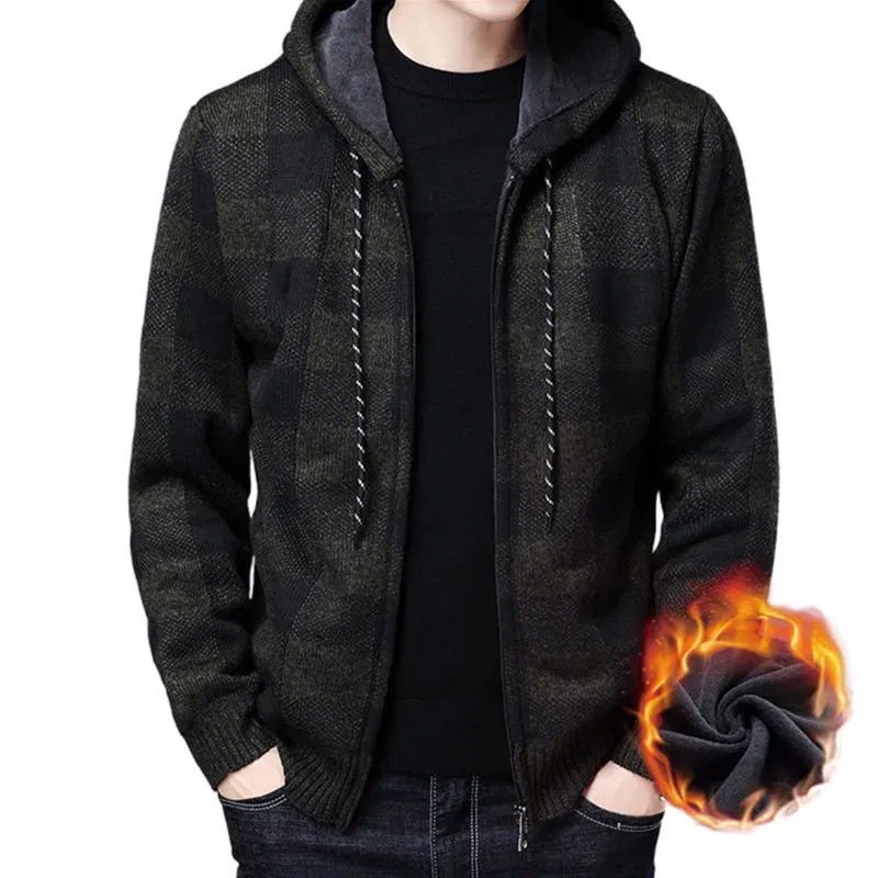 Color: Red, Size: XL - Winter 2023 New Men's Fleece Thickened Cardigan Knit Sweater / Male Loose Warm Hooded Add Wool Jacket Coat