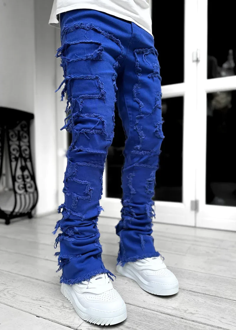 Color: Dark Grey, Size: L - Men's Regular Fit Stacked Jeans Ripped Slim Fit Patch Distressed Destroyed Straight Denim Pants Hip Hop Streetwear Trouser Cloth