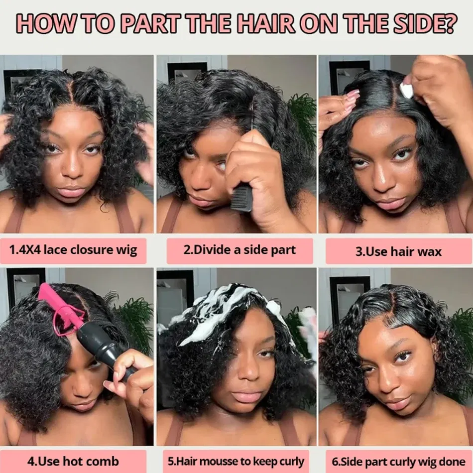 Hair Color: #1B, Stretched Length: 14inches - 13X4 Glueless Water Wave Wigs Human Hair Pre Cut Bob Wig Ready To Go 180% Density 4x4 Water Wave Lace Closure Wigs Human Hair