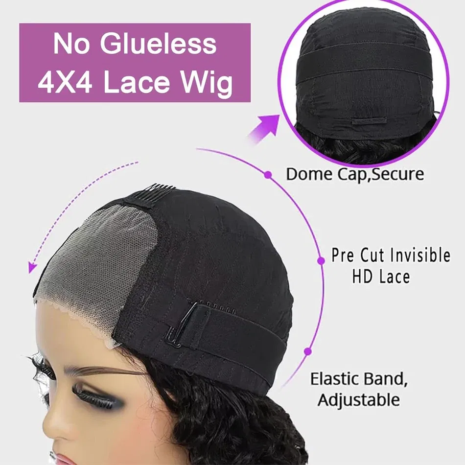 Hair Color: #1B, Stretched Length: 14inches - 13X4 Glueless Water Wave Wigs Human Hair Pre Cut Bob Wig Ready To Go 180% Density 4x4 Water Wave Lace Closure Wigs Human Hair