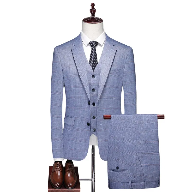 Color: Khaki, Size: XXXL - High-End Three-Piece Men's Wedding Suit with Vest And Trousers Fashion Business Casual Groom's Dress All-In-One