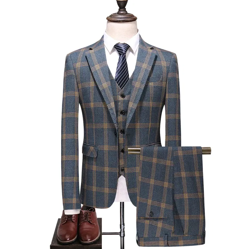 Color: Khaki, Size: XXXL - High-End Three-Piece Men's Wedding Suit with Vest And Trousers Fashion Business Casual Groom's Dress All-In-One