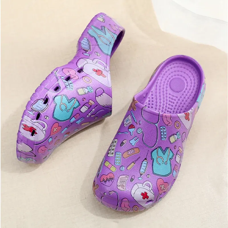 Color: Grape, Shoe Size: 39-40 - Medical print Nurse Clogs EVA Surgical Slippers Lightweight Non-slip Doctor Scrub Clogs Dental Pet Clinic Nursing Clogs Y07-1