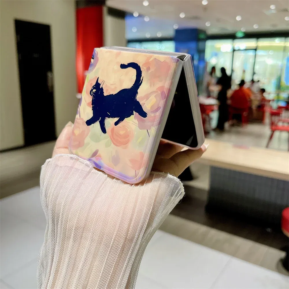 Material: Aluminum, Color: Black - Cute Lazy Cat Deer Oil Painting Z Flip 3 4 5 Case Luxury for Samsung Galaxy Z Flip 4 3 5 Z4 Flip4 Flip3 Flip5 Fashion Cover