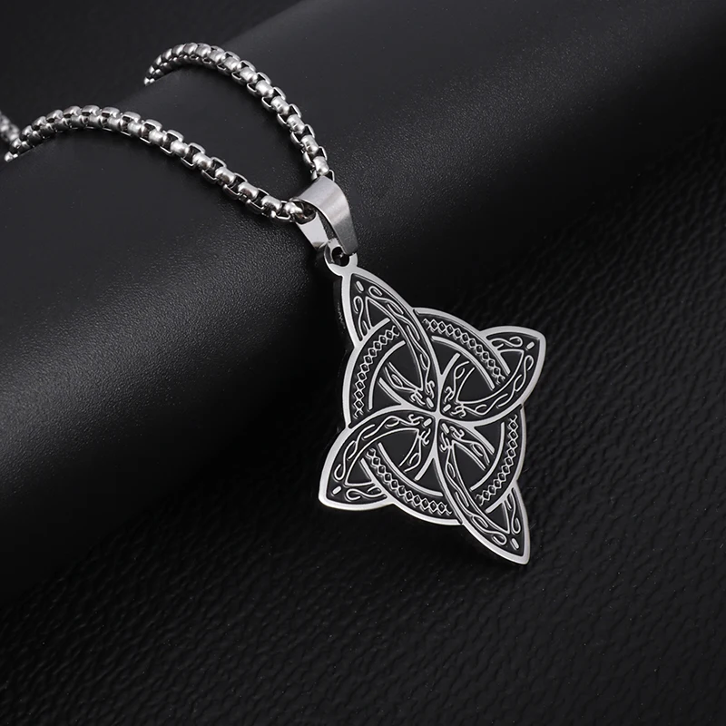 Metal Color: Light Yellow Color - Stainless Steel Silver Color Pattern Witch Knot Pendant Necklace Celtic Knot Lucky Jewelry Gift for Friends Family