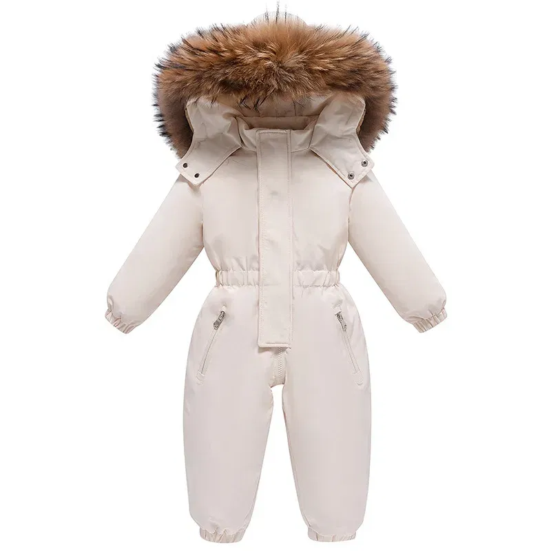 Color: Beige, Kid Size: 3M - 2024 New Cute Simple Children's One-piece Down Jacket 1-6 Years Old Outdoor Skiwear Jacket Crawling Suit Boys Girls Onesie