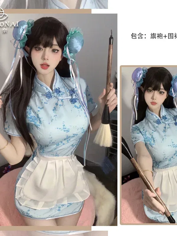 Size: S, Color: Blue - Sweet Chinese Cheongsam New Soft Girl Maid Cos Dress Elegant Pure Desire Girl Fashion Mini Dress Short Sleeve 2024 New 7AQF