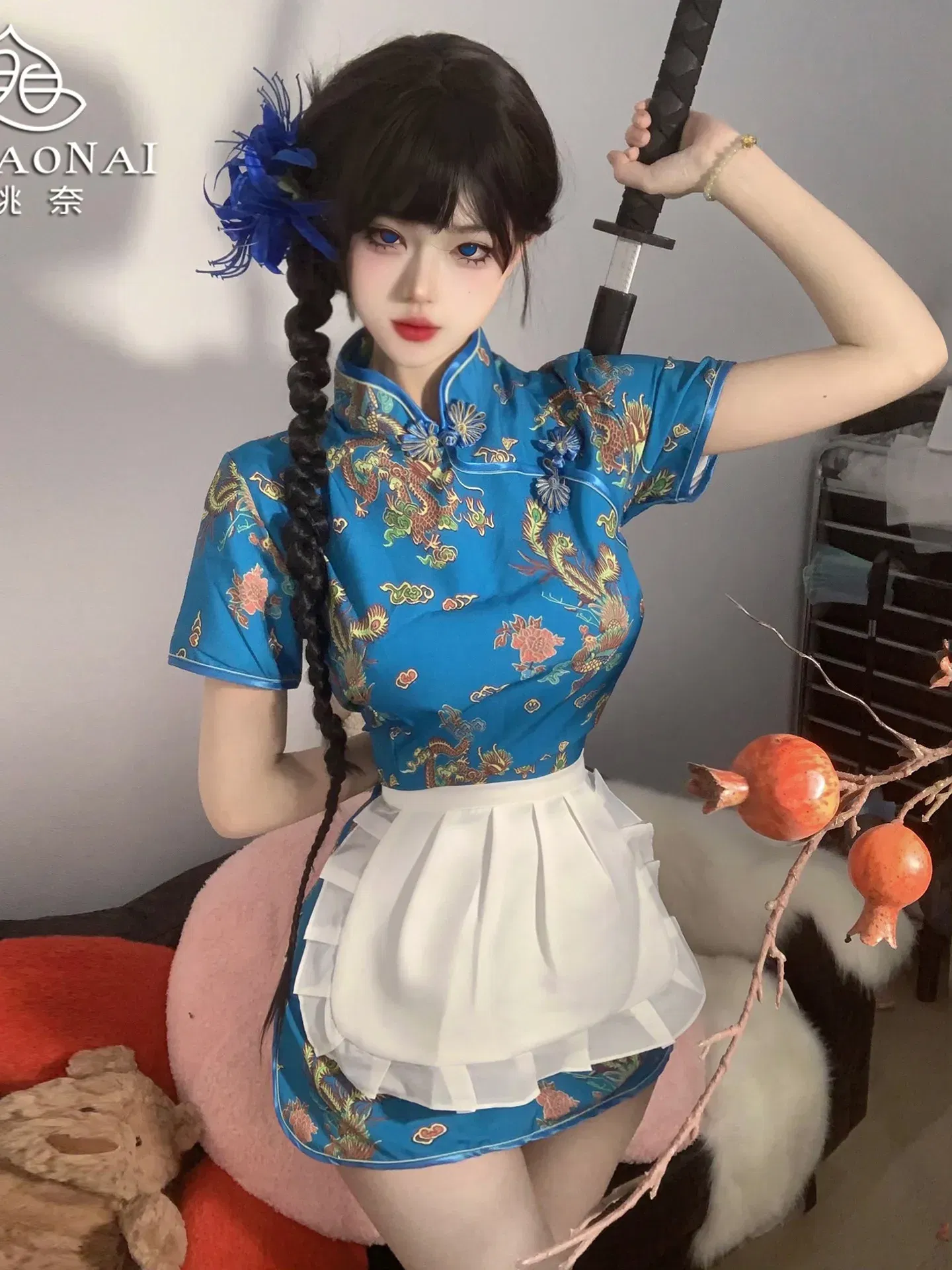 Size: S, Color: Blue - Sweet Chinese Cheongsam New Soft Girl Maid Cos Dress Elegant Pure Desire Girl Fashion Mini Dress Short Sleeve 2024 New 7AQF
