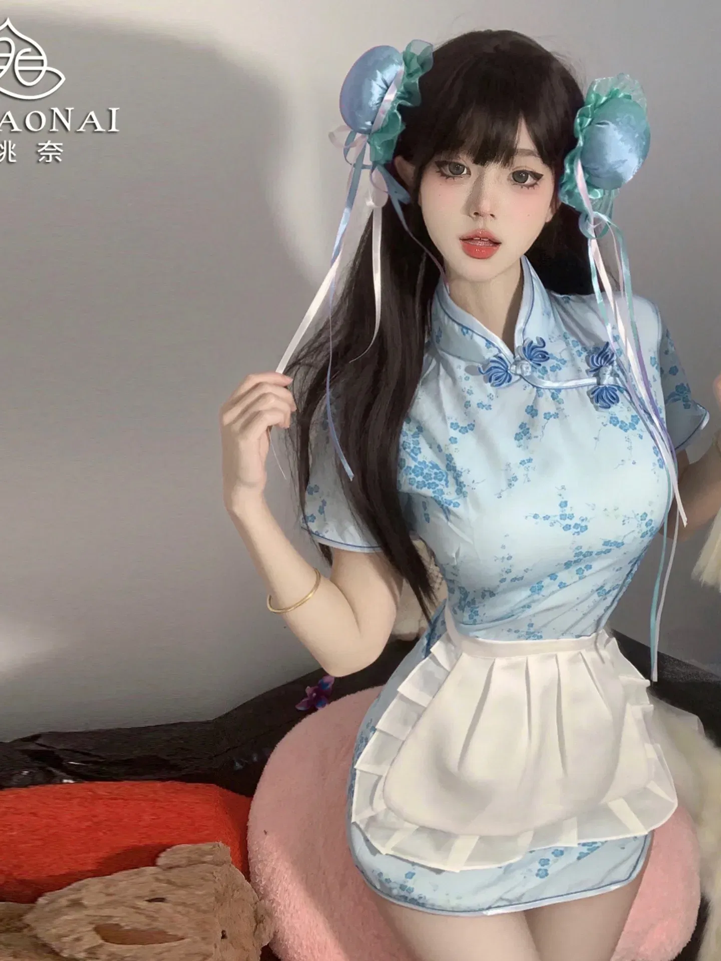 Size: S, Color: Blue - Sweet Chinese Cheongsam New Soft Girl Maid Cos Dress Elegant Pure Desire Girl Fashion Mini Dress Short Sleeve 2024 New 7AQF