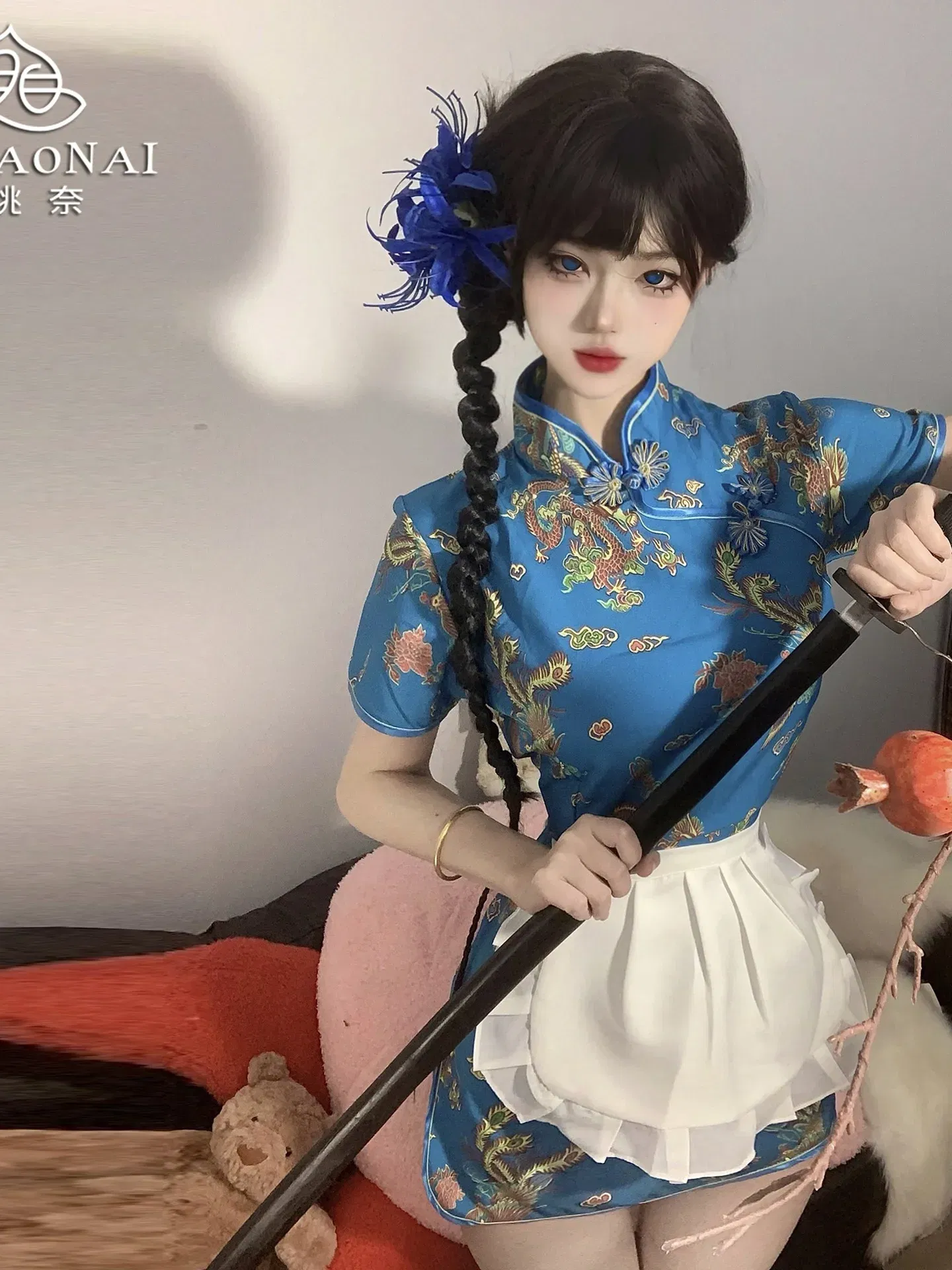 Size: S, Color: Blue - Sweet Chinese Cheongsam New Soft Girl Maid Cos Dress Elegant Pure Desire Girl Fashion Mini Dress Short Sleeve 2024 New 7AQF