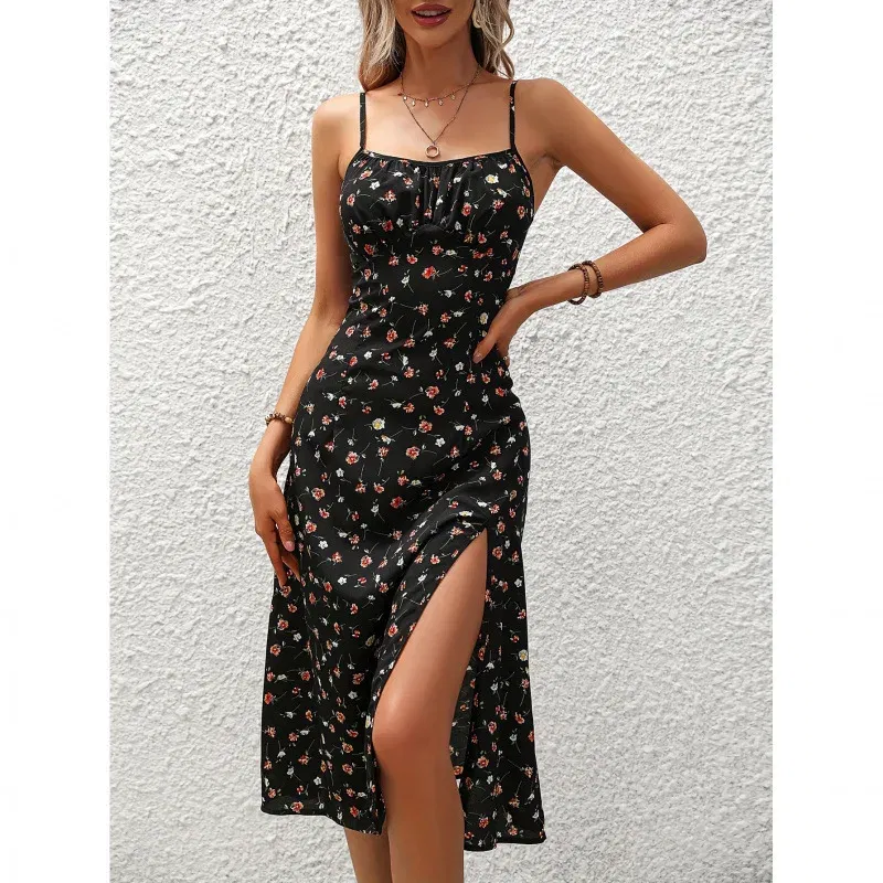 Color: black, Size: XL - 2025 Summer Sexy Spaghetti Straps Dress Women Fashion Polka Dot Print Sleeveless Slit Dress Boho Casual Beach Midi Dresses